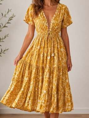 Blue Island Mustard Boho Midi Dress Size Small Tie Front Flowy